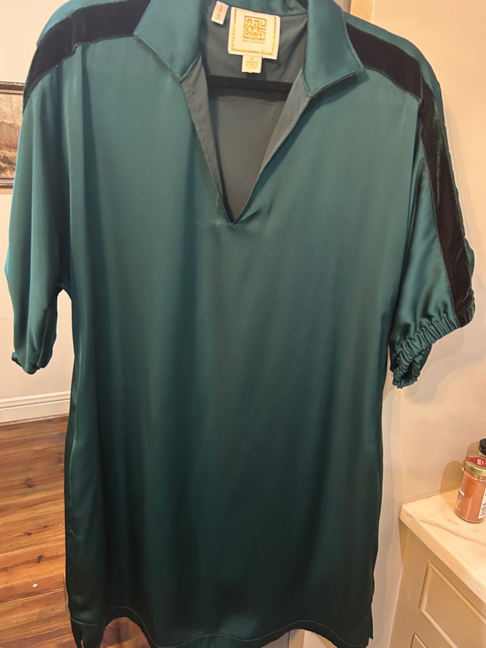 Green V-Neck Short Sleeve Dress with Velvet Shoulder Trim
